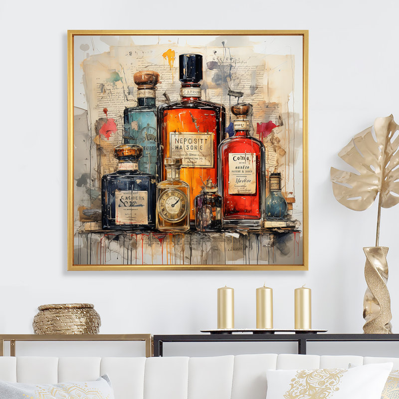 Parfum rétro parfumée 2 - Parfums, art mural, H 30 po x l 30 po x P 1,5 po, Cadre flottant doré