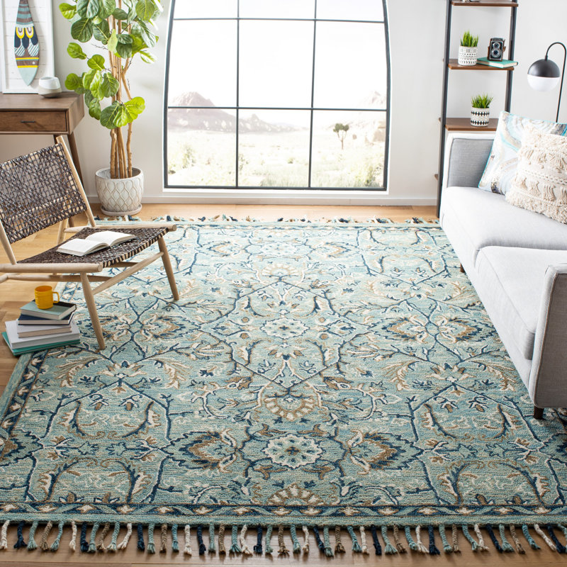 Jahiem Oriental Handmade Tufted Wool Blue/Ivory Area Rug, Rectangle 6' x 9'