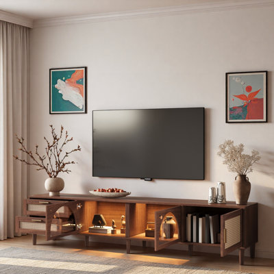 Meuble télé moderne avec lumières DEL contrôlées par l'application, 2 tiroirs et rangement pour porte en verre