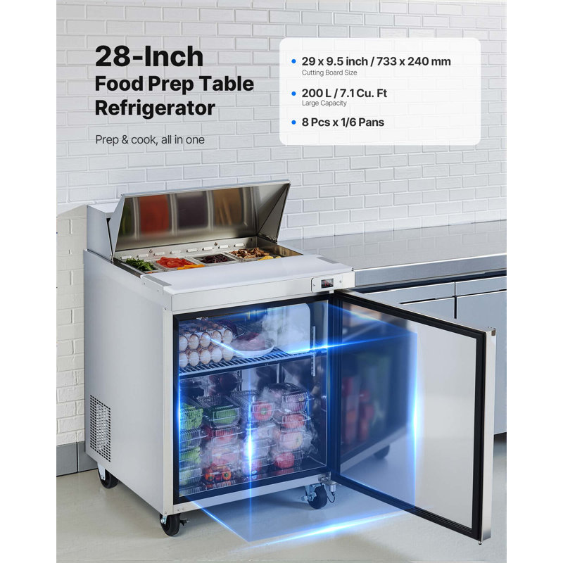 Réfrigérateur commercial de 28 po de largeur, table réfrigérée de préparation de sandwich de 7,1 pieds cubes, réfrigérateur de préparation de nourriture Mega Top avec 8 casseroles et planche à découper, refroidisseur de préparation de salade en acier inoxydable pour restaurant, camion de nourriture