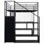 Lit mezzanine en métal noir avec une salle de bricolage intégrée, une armoire et un escalier de rangement