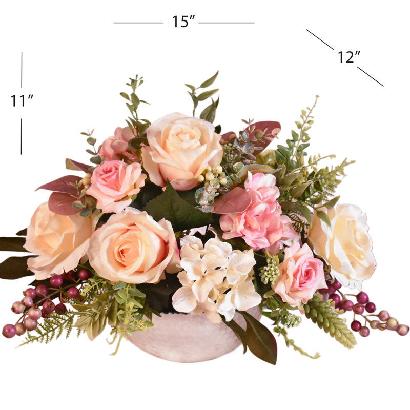 Faux Silk Rose, Hydrangea, Berry Arrangement in Vase