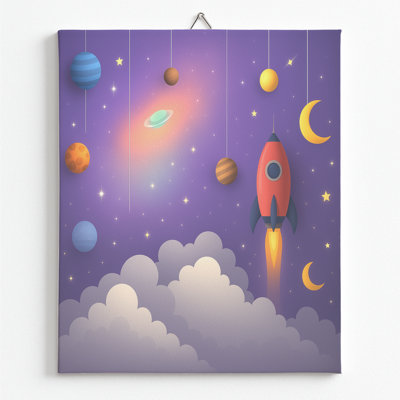 "Space Rocket Adventure", reproduction d'art sur toile encadrée | Toile pour la vie, la chambre à coucher, le bureau, affiche de photo de décoration murale de chambre d'enfant, fabriquée aux États-Unis | 18 x 24