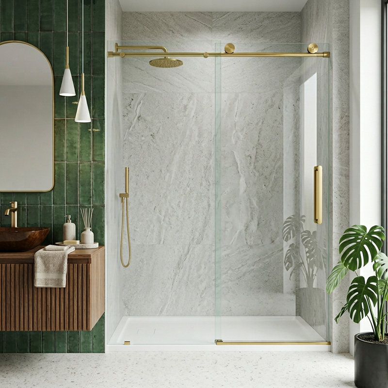 Elan 56-60" W x 76" H Sliding Frameless Shower Door with 3/8" Clear Glass, Matte Brushed Gold