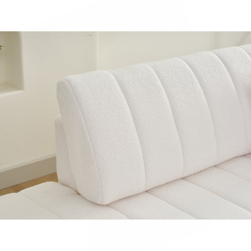Canapé d'angle capitonné en forme de L scandinave d'inspiration moelleuse avec coussins décoratifs, Laine ivoire