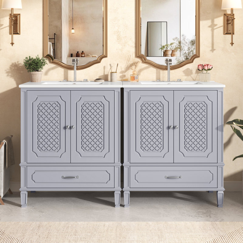 Ensemble de meuble-lavabo 60 po avec lavabo double 60 po, 2 armoires avec porte et 2 tiroirs, gris, Gris