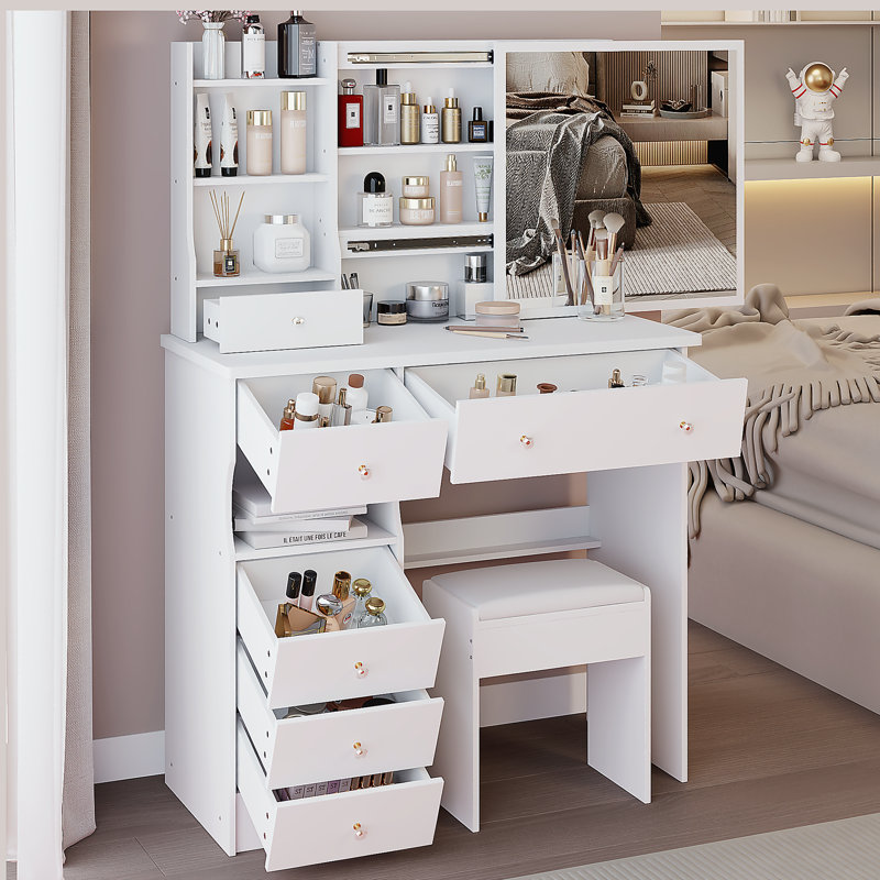 37" Middle Size Left Drawer Desktop Vanity Table + Cushioned Stool, Extra Large Right sliding mirror, Multi Layer High Capacity Storage, Practical Fashionable Dresser, Suitable For Large Space