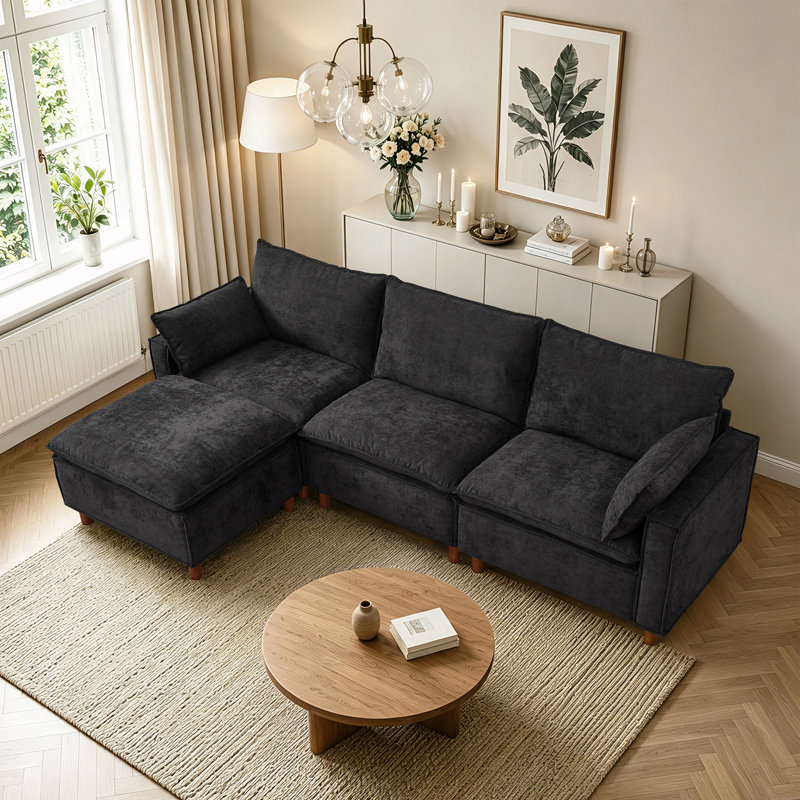 Canapé modulaire en L avec repose-pieds mobile, Chenille noir