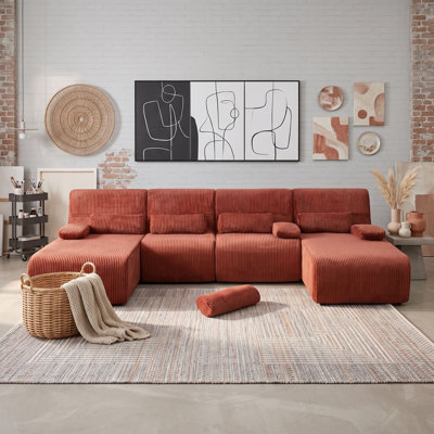 Modular Curved Corduroy Sectional Sofa with Arm Pillows, Compressed Packaging, Modern Upholstered Living Room Couch