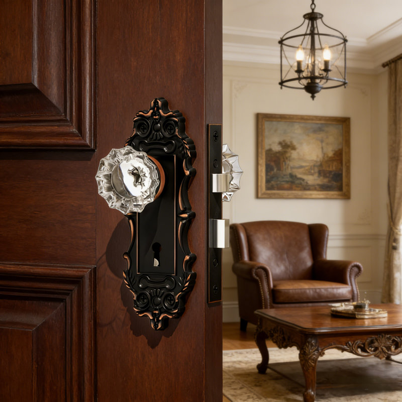 Fausse poignée de porte cristal, Bronze frotté à l'huile, Faux bouton double