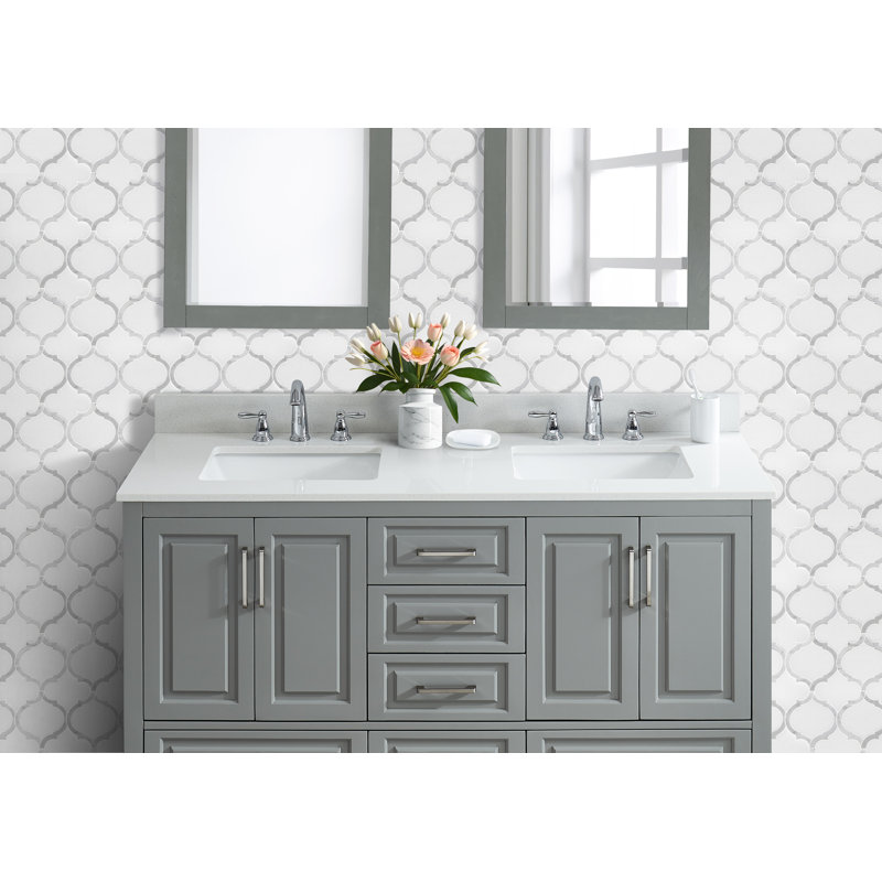 Dessus de meuble-lavabo d'ingénierie blanc neige 61 pouces avec double lavabo et dosseret, Blanc neige
