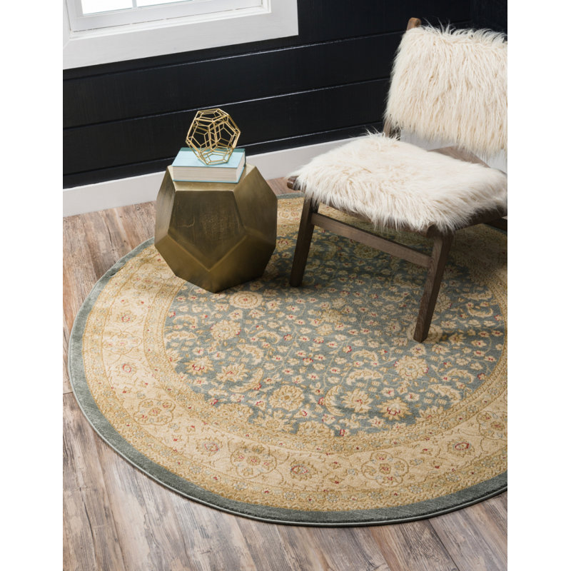 Tapis oriental bleu / beige Moore, Rond 8 pi x 8 pi