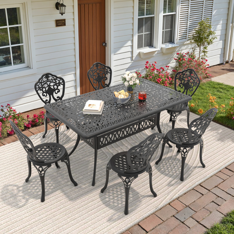 Black Outdoor Aluminum Rectangle Dining Set, Compact Size Chair (Seat Width:15.35"), Umbrella Hole, Weather-Resistant, 6