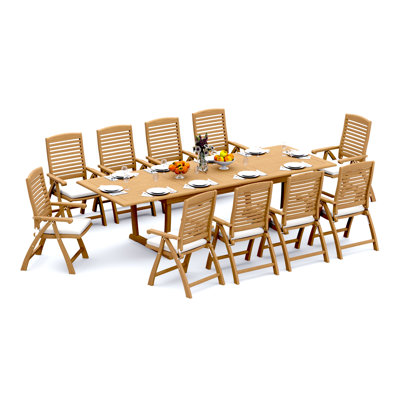 7 Pcs Grade-A Teak Wood Dining Set: 118" Double Extension Mas Rectangle Trestle Leg Table And Ashely Folding Reclining Arm Chairs #11AS2506