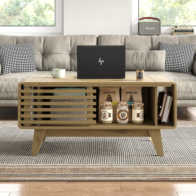 Denicka Wood Coffee Table with Storage&Rounded Edge,Lift Top Coffee Table with Slatted Sliding Door for Living Room, Natural