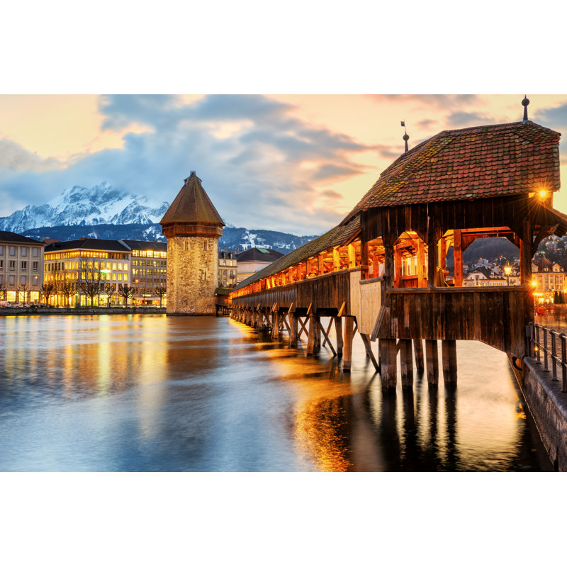 Lucerne City, Historical Chapel Bridge On Sunset - Wrapped Canvas Print, 81cm H x 122cm W
