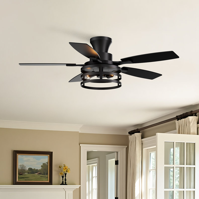 42 Inch Flush Mount Ceiling Fans With Lights And Remote Control Low Profile Farmhouse Ceiling Fan Black, 205 RPM, 41.73" Wide