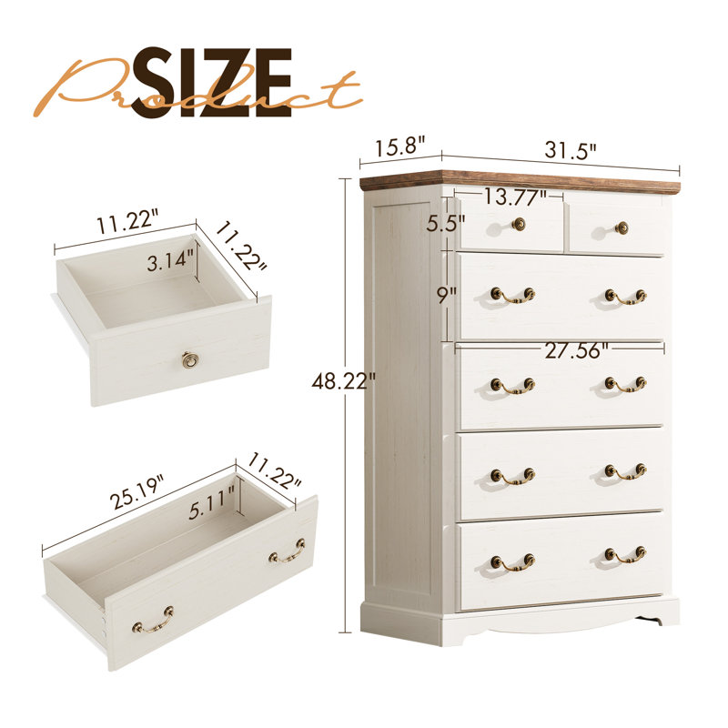 Mina Farmhouse 6 Chest Of Drawers For Bedroom, White, White