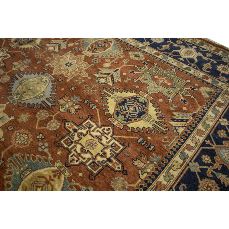 Tapis oriental tribal bleu marine / beige / rouille 9 pi x 11 pi 9 po Indo Karajeh