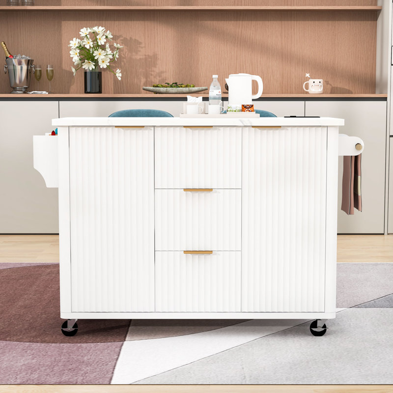 Rolling Kitchen Island with Drop Leaf, Power Outlet, Faux Marble Top and Adjustable Shelves, White