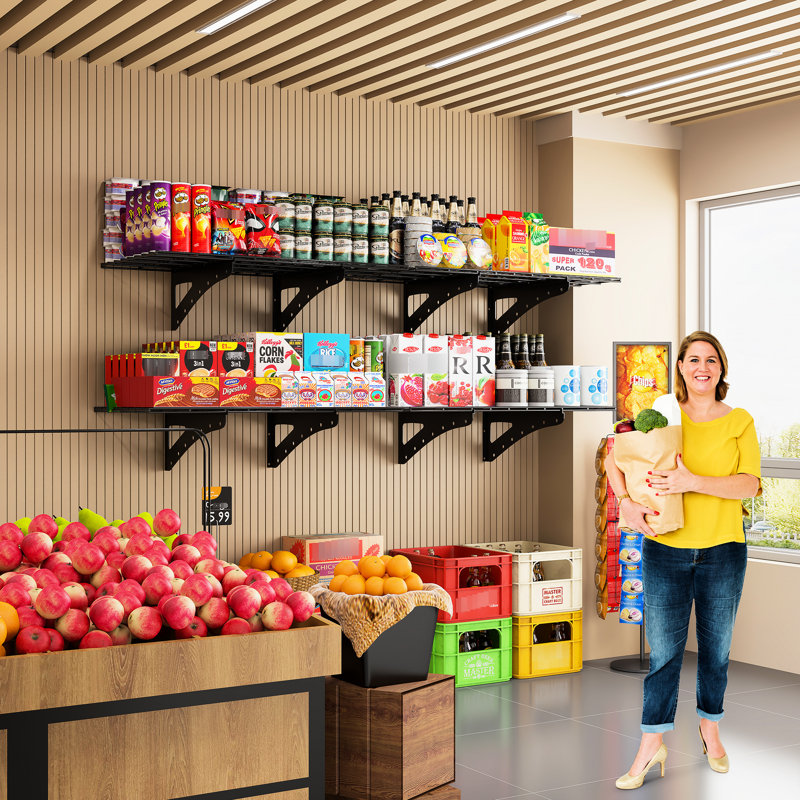 Tablette murale robuste 24 * 48 pouces, noire. 2 Pour le garage, le magasin d'alimentation. Large capacité de rangement, capacité de charge. Installation simple avec trousse de fixation et niveau. Excellents accessoires de vis. Métal