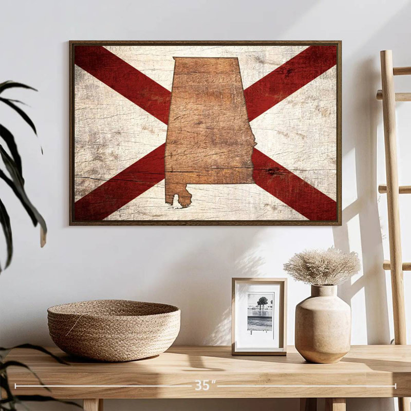 Carte d'État sur le drapeau de l'Alabama, 25 po x 17 po, Cadre flottant noyer