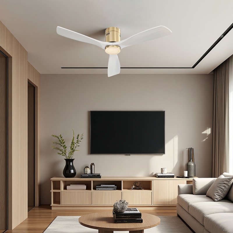 AuraVista 52 in. Flush Mount Ceiling Fan with Reversible DC Motor and Remote Control, Gold / White Wood