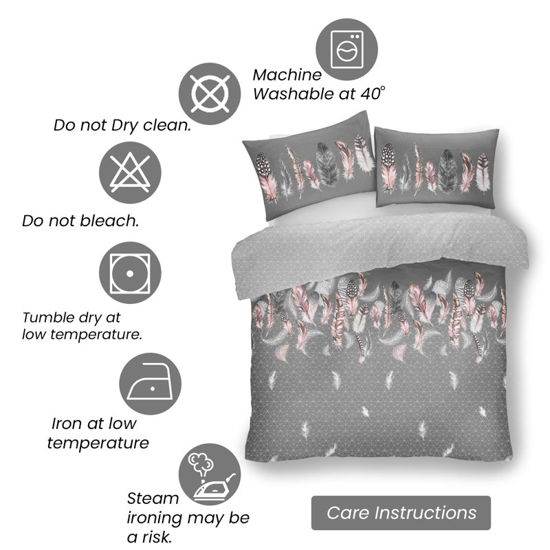 Modern Feather Design Duvet Cover Set with Matching Pillowcases - Polycotton Fabric Bedding, King, Grey