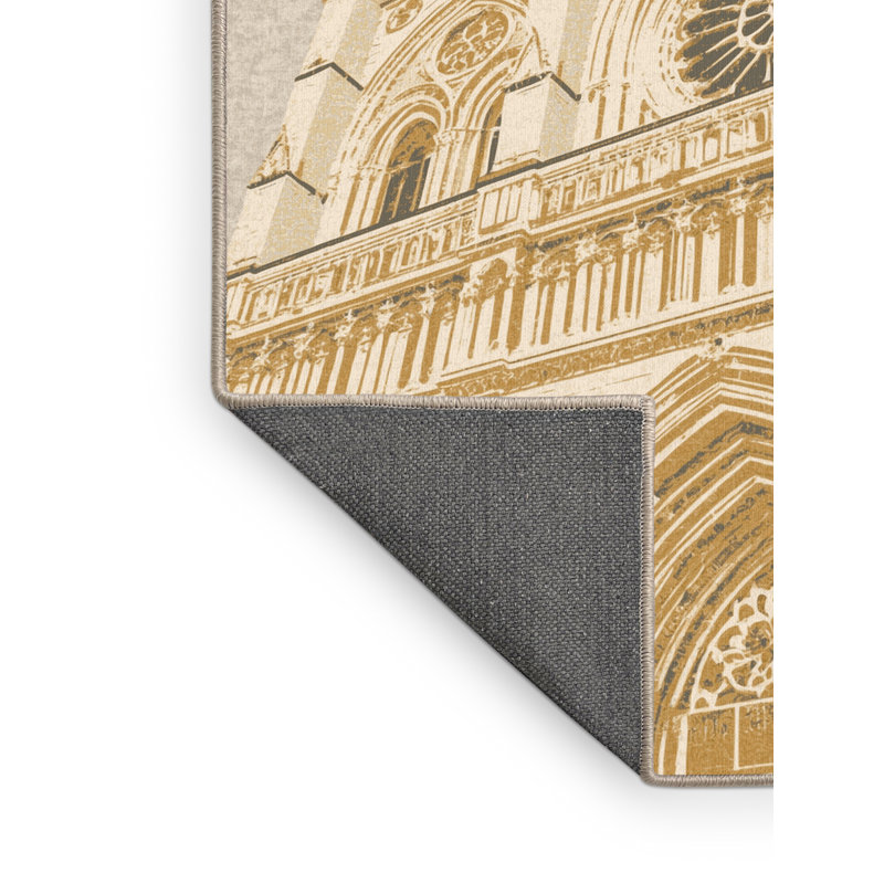 Soft Plush Beecher Notre Dame Cathedral Traditional Block Print Area Rug in Beige – Beige Binding, 2x5