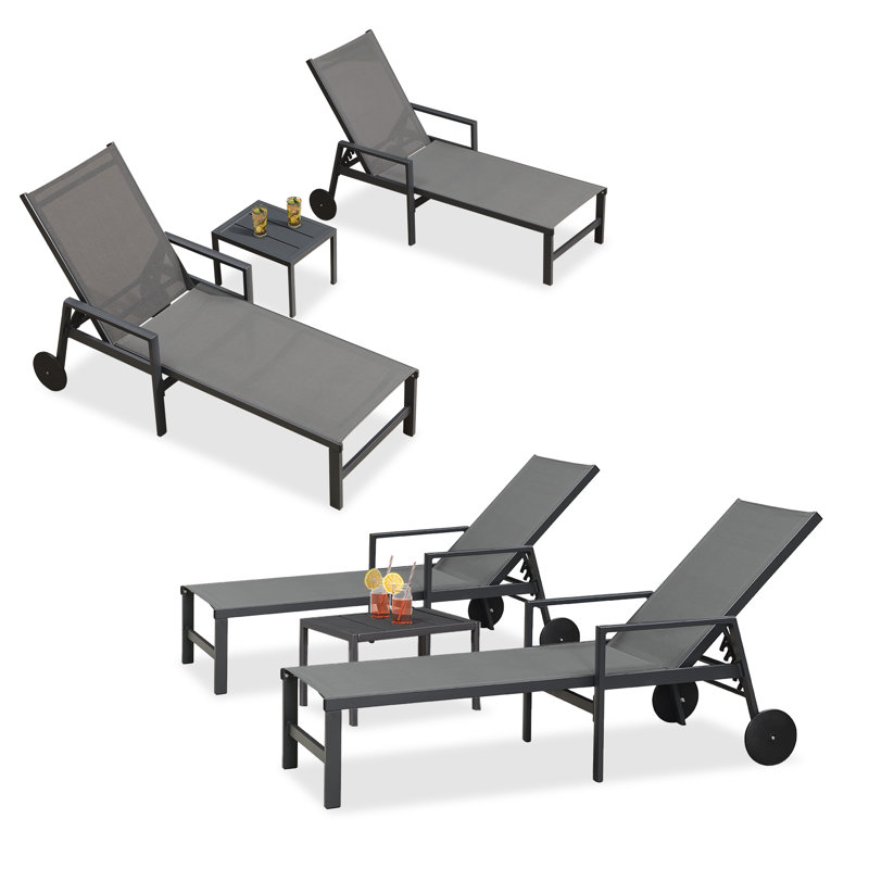 Jahnya Outdoor Metal Chaise Lounge with Table, Gray