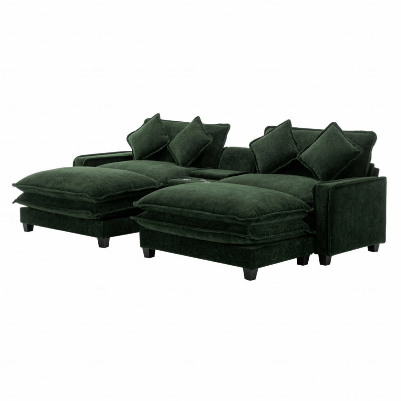 Basic Sectional Sofa, 111"  Sofa Chenille Upholstered Sofa With Two Removable Ottoman, Two Usb Ports, Two Cup Holders And Large Storage Box