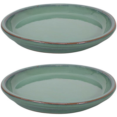 Round Glazed Ceramic Flower Pot Saucer Set of 2 - Fits 12" Planters - Seafoam