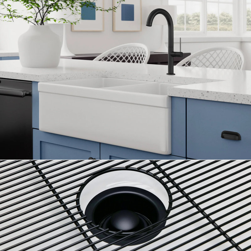 32.75" L x 19.88" W Double Basin Farmhouse Kitchen Sink with Accessories, Matte Black Accessories