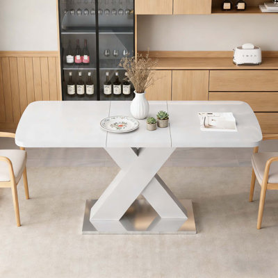 Stretchable Rectangle Dining Table with White Top and MDF X-Shape Metal Base,  for Versatile and Stylish Dining
