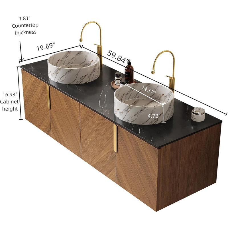 Meuble-lavabo flottant 60 po avec 2 lavabos, lavabo en marbre blanc et 4 portes à fermeture douce