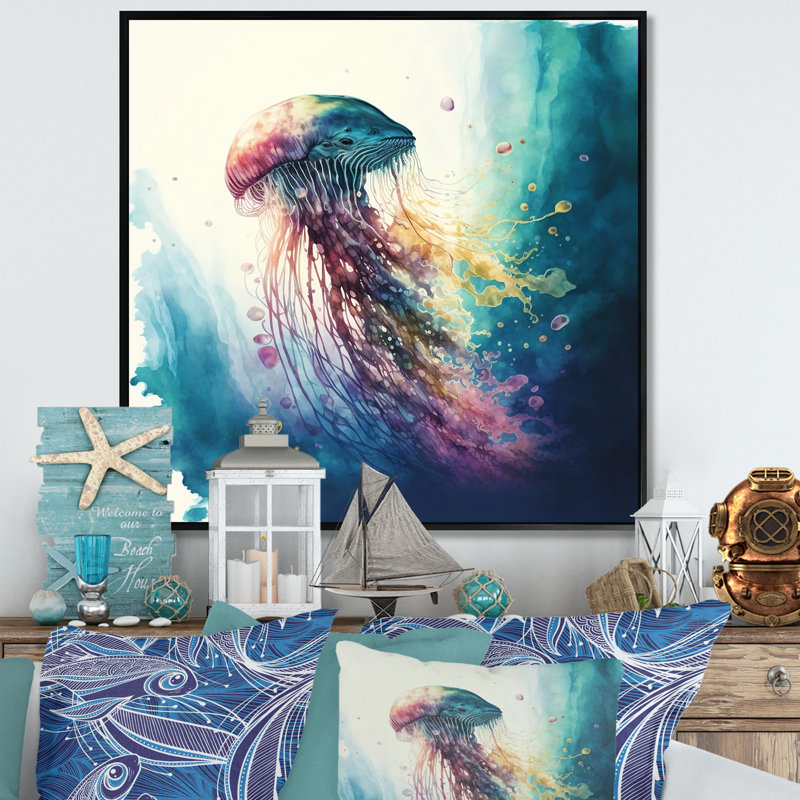 Denekia, méduse profonde colorée V - poisson, art mural, L 16 po x H 16 po, Cadre flottant noir