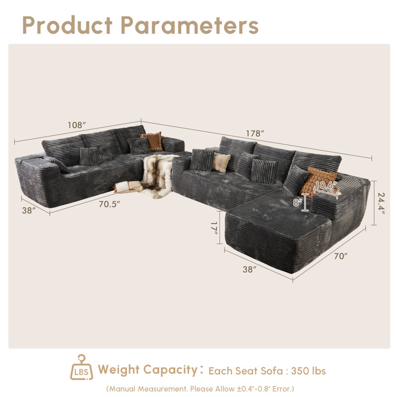 Canapé modulaire en velours côtelé Cloudelle moelleux avec méridienne en L, aucun assemblage requis, Gris, Orienté à droite