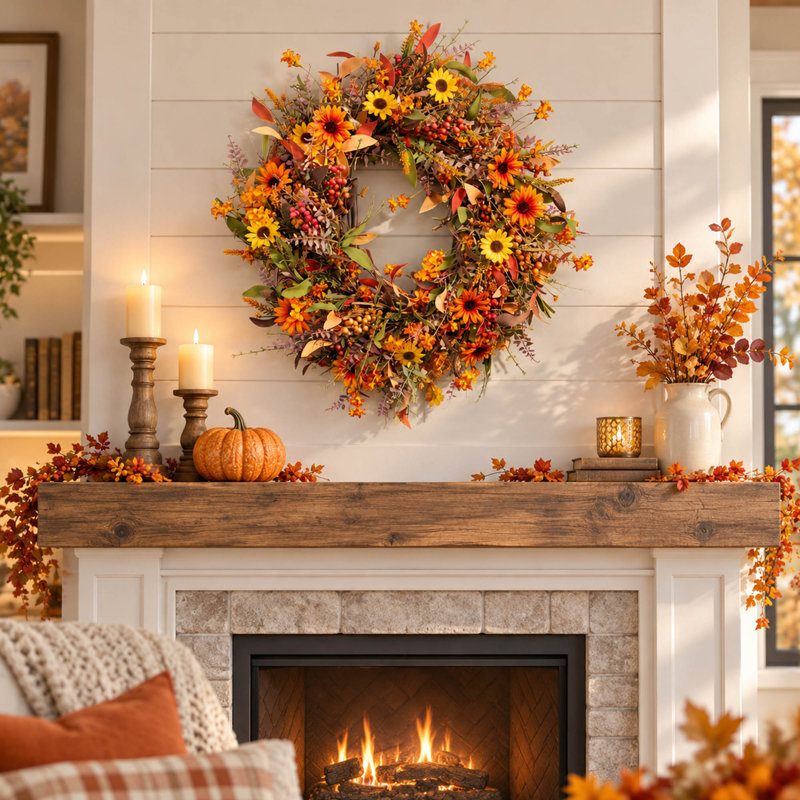 Couronne d'automne 24 po avec baies et feuilles de tournesol pour porte d'entrée