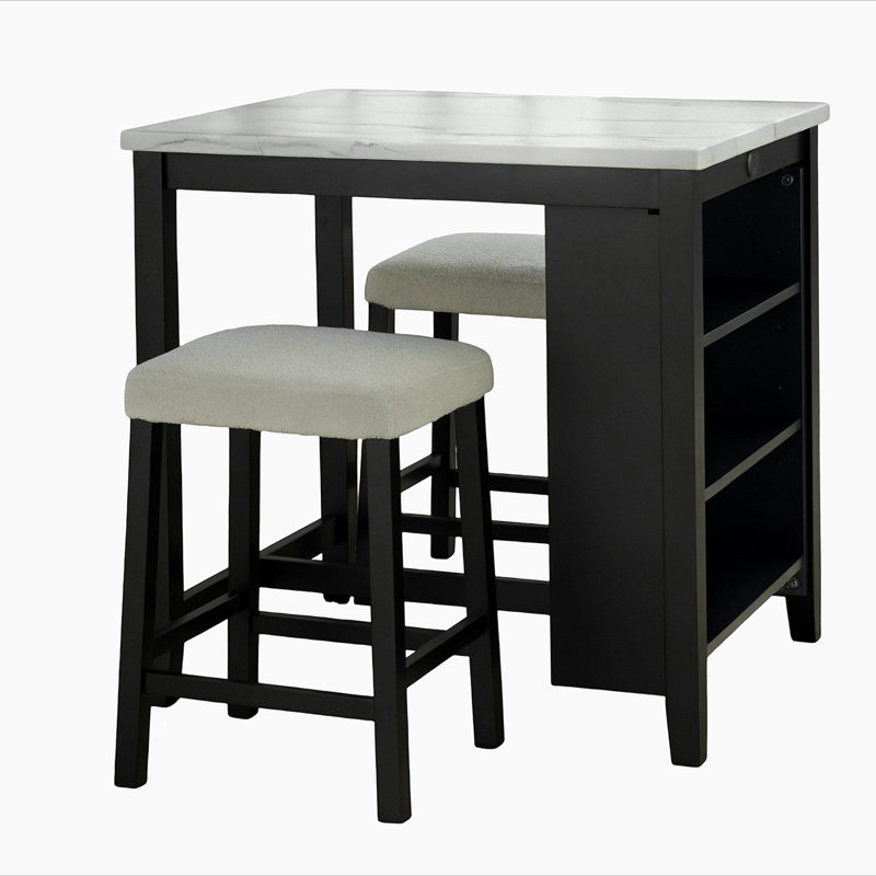 Dining Room Transitional 3pc Dining Set Gloss Table Top w Storage Shelves Side 2x Stools Black Ivory White