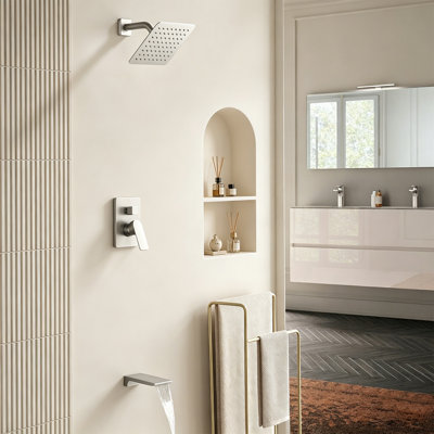 Shower System With Pressure Balance Valve, 8-Inch Rainfall Shower Head & Waterfall Tub Spout
