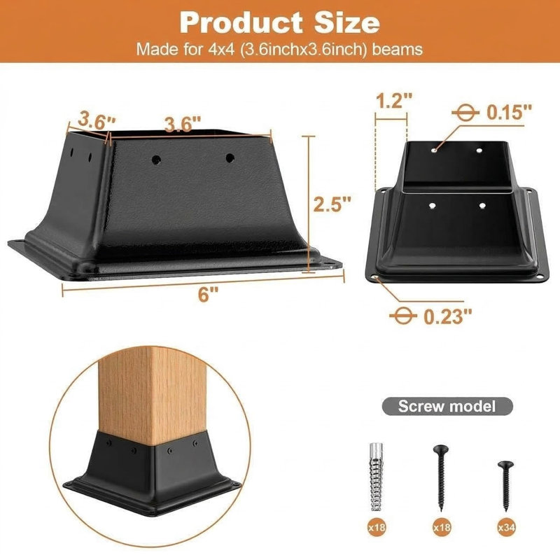 Heavy Duty 4x4 Post Base Brackets for Deck, Fence, Pergola – Powder Coated Steel Anchor Support, Weather Resistant, Fits 3.6" x 3.6" Posts, Overall Size 6x6x2.5 Inch – Color: 4pcs