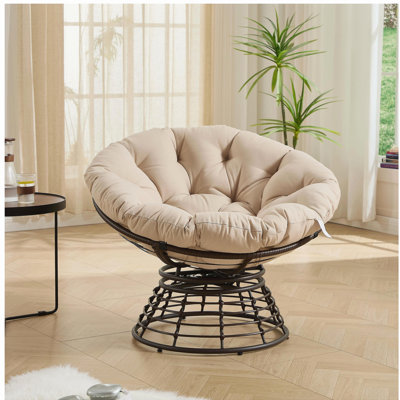 Fauteuil ergonomique confortable en osier Papasan, fauteuil pivotant à 360 ° pour l'intérieur et l'extérieur avec coussin épais et doux, idéal pour le salon, la chambre à coucher, la salle de lecture, structure brune avec coussin rose
