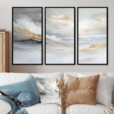 «Pure Golden Minimalisme Coastal Landscape II», art mural plage - ensemble de 3