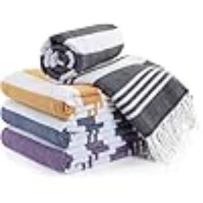 Towels - 4 Pack Turkish Beach Towel (40 X 72 Inches) - 100% Cotton Oversized Sand Free Quick-Dry Turkish Towel, Prewashed For Soft Feel, Large Peshtemal Towel (Grey, Navy, Purple, Buff)