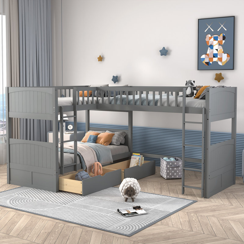 Gillermo Kids Twin Over Twin Bunk Bed with Drawers, Gray