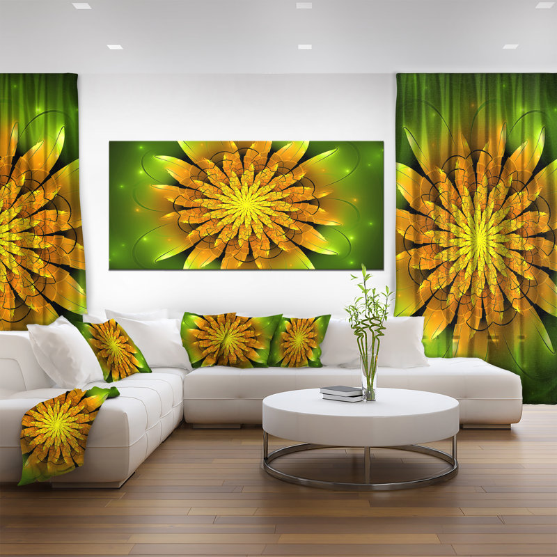 " Bright Yellow Fractal Flower on Green " Graphic Art Print, 12" H x 20" W