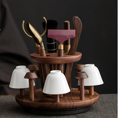 Light Luxury Walnut Rotating Tea Cup Holder | Rotating Drainage Storage Rack | Tea Ceremony Accessories | Tea Making Tools | Multi Functional Tea Set Sorting Rack