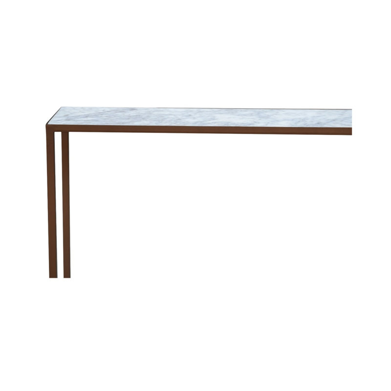 Console, plateau en marbre blanc uni, structure en fer, élégance contemporaine, finition cuivre antique