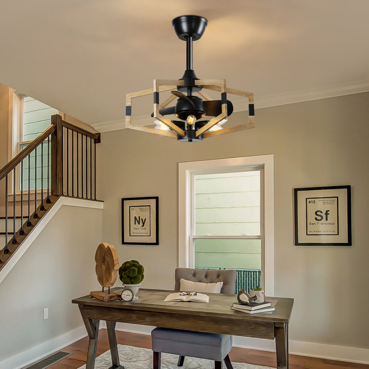 20" Farmhouse Caged Ceiling Fan With Light Kit Reversible Wooden Ceiling Fan With Lights And Remote Control