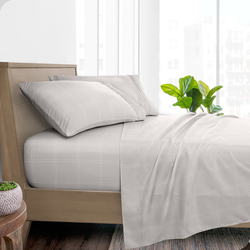 Ensemble de draps en microfibre géométrique, Ensemble de draps pour très grand lit californien, Pierre / blanc